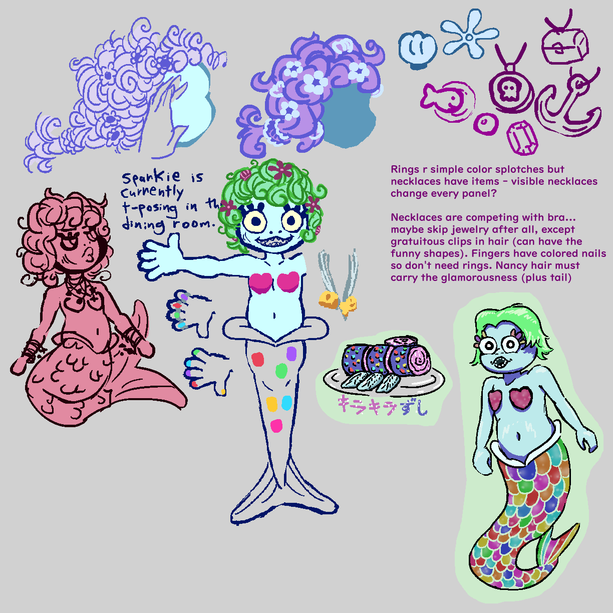 Image: A mermaid with glittering rainbow scales (and fingernails).
She has light blue skin and light green hair, in a curly Nancy Clancy style tied up with lots of different faux-expensive clips (multicolored, or red-pink for simple), with a low, short fishtail braid. The clips always take different shapes, such as spongebob flower clouds, clamshells, and goldfish crackers. Her tail is covered with ranbow scales that shine brightly, and she wears a shiny pink heart-shaped seashell ‘bra.’
Her body is all about round shapes and tapering shapes, to match the mermaid tail itself, which attaches to her torso with a pair of big translucent ‘lips’. Her belly is a little larger than her chest. The segments of her arms have stylized tapering, thicker inward, and her fingers are cartoonishly thick.
Her face is madoka-wide and amphibian, with huge round yellowish eyes with big wheel-spoke lashes (may be colorful too), a flat pair of nostrils, and a roundish mouth ringed with sharp little teeth that makes goofy sbahj-face. Also, gills on cheeks.